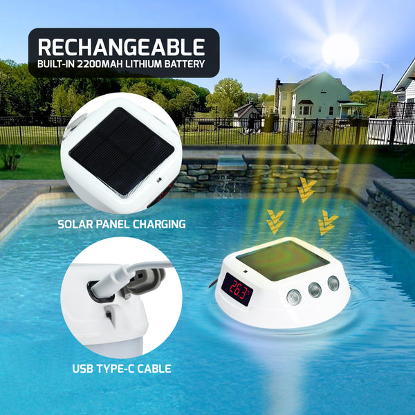 THE-518 Wireless Solar-Powered Pool Thermometer Floating Thermometer with RGB Lighting IP68 Waterproof Swimming Pool Indoor Temperature and Humidity Measure for Swimming Pools, Spa, Hot Tubs