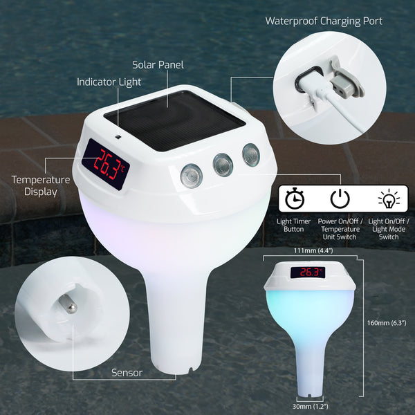 THE-518 Wireless Solar-Powered Pool Thermometer Floating Thermometer with RGB Lighting IP68 Waterproof Swimming Pool Indoor Temperature and Humidity Measure for Swimming Pools, Spa, Hot Tubs