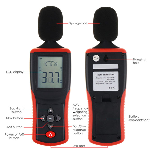 TL205 Digital Sound Level Meter 130dB Decibel Tester Auto Ranging A/C Weighting with LCD Backlight