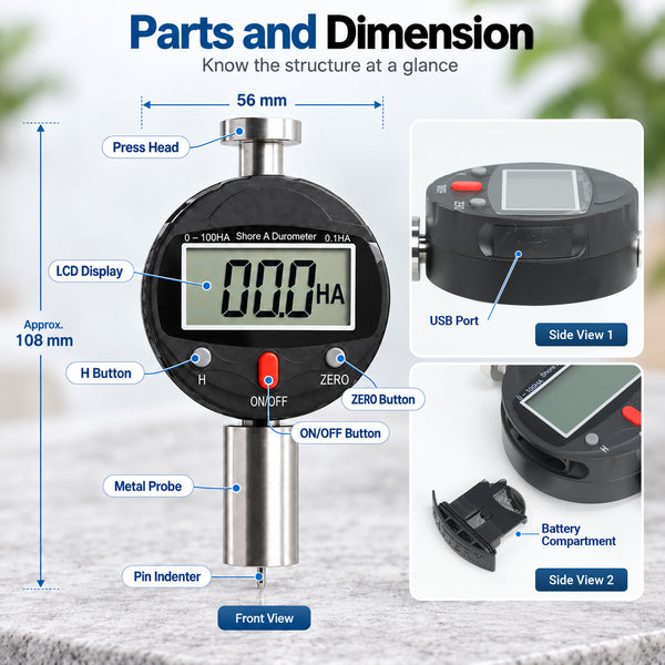 TMG-573A Shore A Durometer Digital Hardness Tester 0-100HA Portable Meter with 0.1HA Resolution, 0-2.5mm Indenter for Testing Soft Rubber, Synthetic Rubber, Polyester, Leather, Wax
