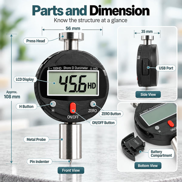 TMG-573D Shore D Durometer Digital Hardness Tester 0-100HD Portable Meter with 0.1HD Resolution, 0-2.5mm Indenter for Testing Hard rubber and Resins, Acrylics, Glass, Elastomers, Printing Plates
