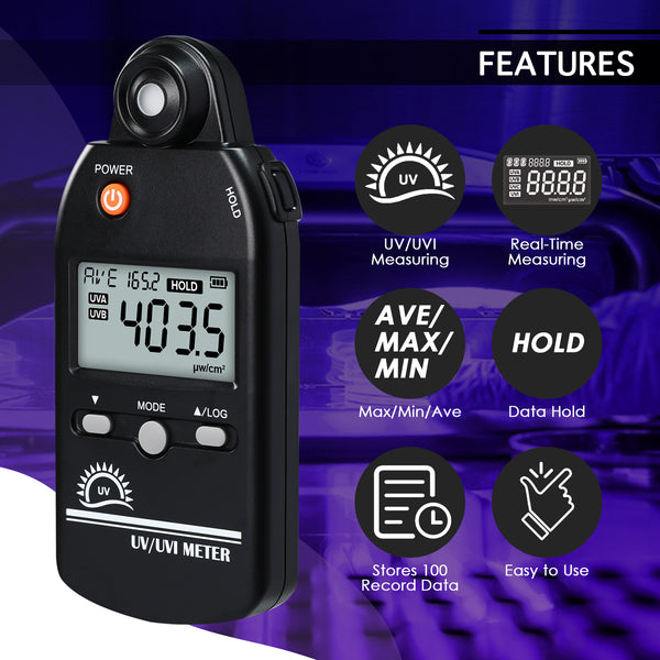 UVM-529 Digital Ultraviolet Detector UV UVI Tester Light Meter Irradiance Intensity Monitor 100 Data Record for Reptile Husbandry, Phototherapy, Indoor Tanning Personal and Professional Usage