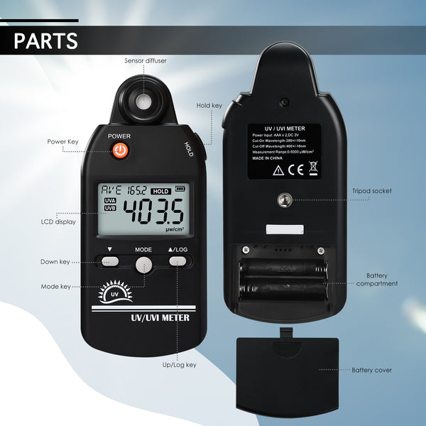 UVM-529 Digital Ultraviolet Detector UV UVI Tester Light Meter Irradiance Intensity Monitor 100 Data Record for Reptile Husbandry, Phototherapy, Indoor Tanning Personal and Professional Usage