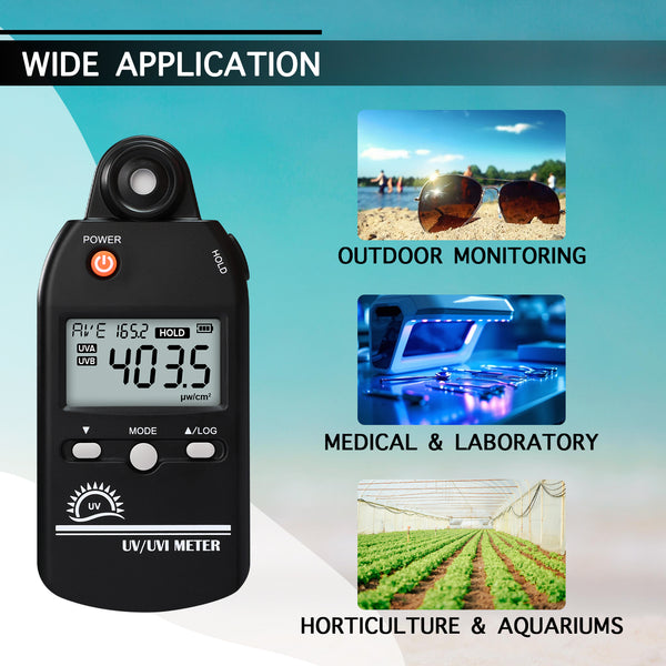 UVM-529 Digital Ultraviolet Detector UV UVI Tester Light Meter Irradiance Intensity Monitor 100 Data Record for Reptile Husbandry, Phototherapy, Indoor Tanning Personal and Professional Usage