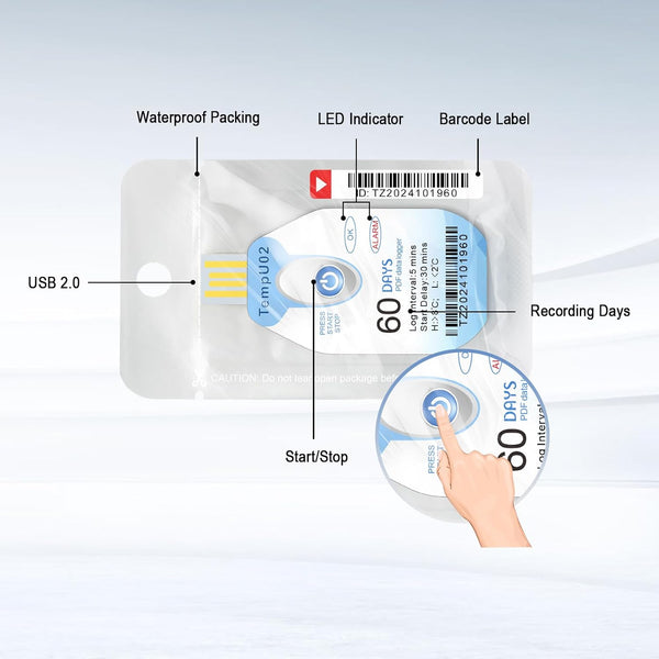 W-THE-024D Disposable USB PDF Thermometer Datalogger Single Use Temperature Meter 60 Days Recording