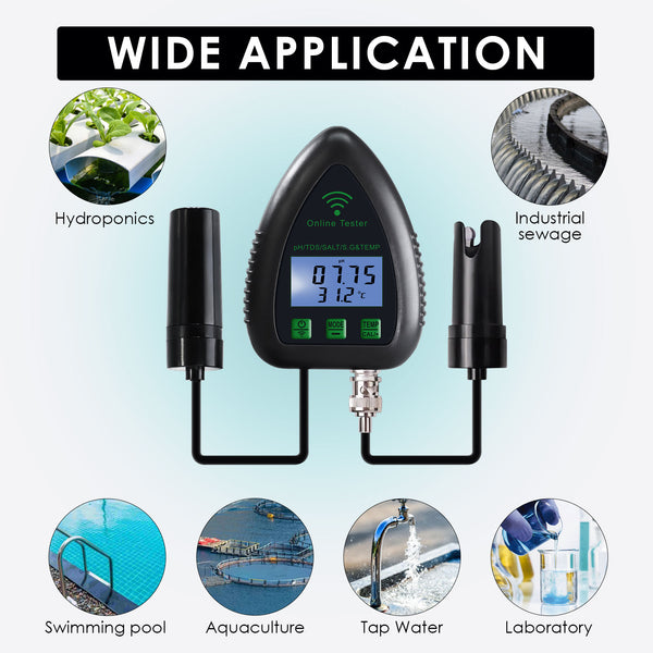 WIFI-9951W Smart 5-in-1 pH / TDS / Salt / S.G / Temperature WiFi Tester Water Quality for Drinking Supply Aquarium Hydroponics Pool Aquaculture