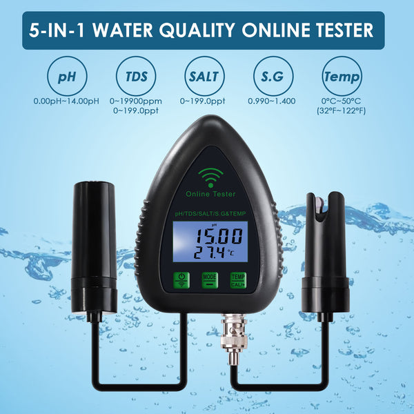 WQM-397 Smart 5-in-1 pH / TDS / Salt / S.G / Temperature WIFI Tester Water Quality for Drinking Supply Aquarium Hydroponics Pool Aquaculture