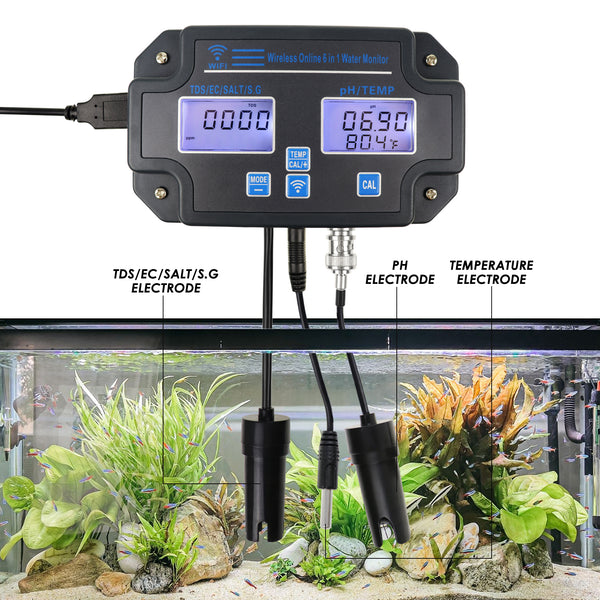 WQM-341 Water Quality Tester pH / EC / TDS / Salinity / SG / Temperature with 24Hrs Online APP Monitoring for Fish Tank Aquariums Home Laboratory Smart Instrument