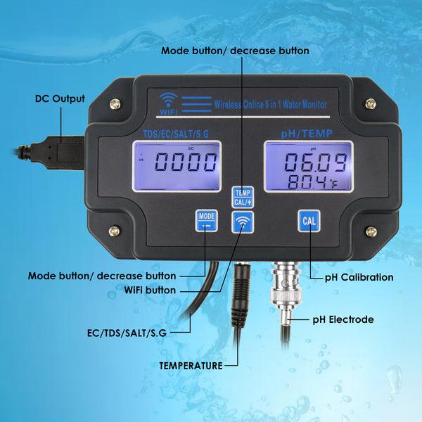 WQM-341 Water Quality Tester pH / EC / TDS / Salinity / SG / Temperature with 24Hrs Online APP Monitoring for Fish Tank Aquariums Home Laboratory Smart Instrument