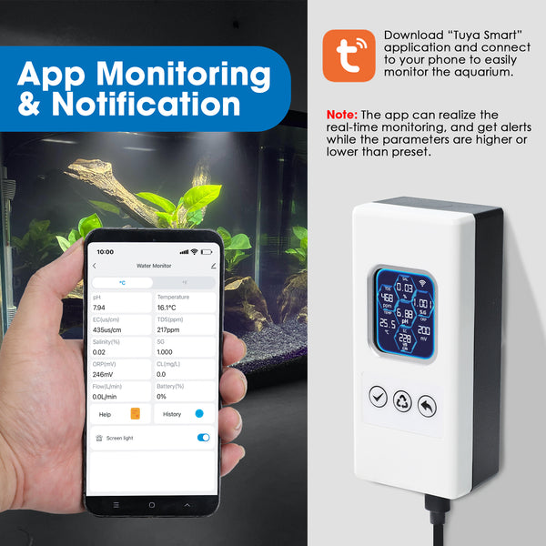 WQM-504 Smart Aquarium Water Quality Monitor – 7-in-1 Real-Time Water Tester for pH, Temperature, TDS, EC, Salinity, Specific Gravity & ORP – WiFi Connected with Mobile Alerts