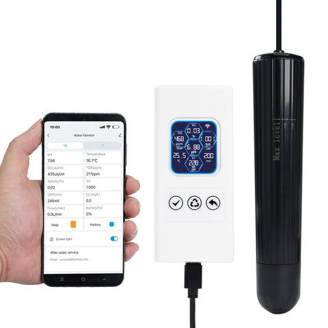 WQM-504 Smart Aquarium Water Quality Monitor – 7-in-1 Real-Time Water Tester for pH, Temperature, TDS, EC, Salinity, Specific Gravity & ORP – WiFi Connected with Mobile Alerts