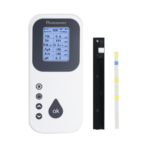 WQM-526 Digital Water Testing Kit for Hot Tub, Pools & Spas Water Tester Measures pH, Free Chlorine, Total Alkalinity, Bromine, Cyanuric Acid, Total Chlorine, Total Hardness with Water Analyzer and Test Strips