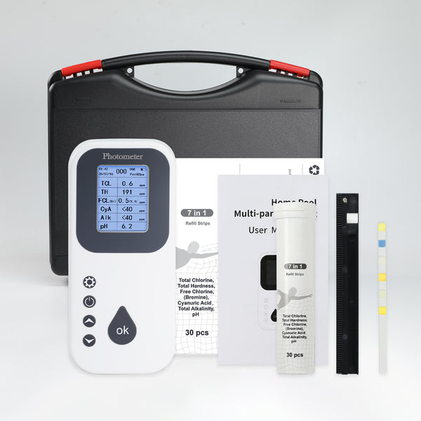 WQM-526 Digital Water Testing Kit for Hot Tub, Pools & Spas Water Tester Measures pH, Free Chlorine, Total Alkalinity, Bromine, Cyanuric Acid, Total Chlorine, Total Hardness with Water Analyzer and Test Strips