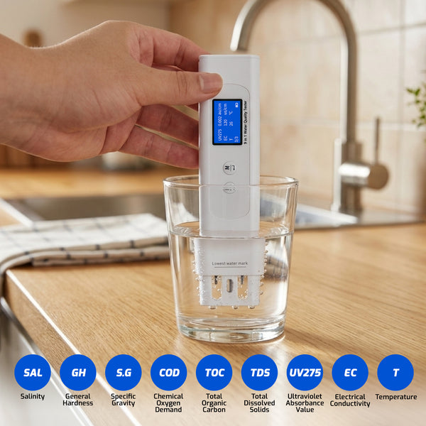 WQM-546 Multi-Parameter Water Quality Tester – UV Absorbance for COD/TOC/UV275, EC/TDS/Salinity/GH/S.G./Temp, Intelligent 4-Color Score, Auto Temp Compensation – for Tap, Purified, Ground, Seawater & Aquaculture