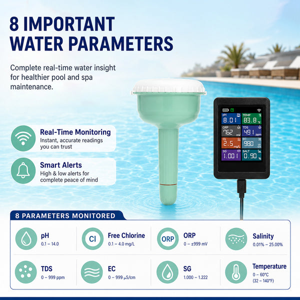 WQM-553 8-in-1 Wifi Tuya Smart Swimming Pool Water Monitor for pH / Temperature / TDS / Electrical Conductivity / Salinity / Chlorine / Specific Gravity / ORP for Pool, Spa, Tubs