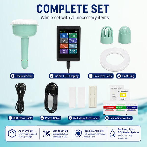 WQM-553 8-in-1 Wifi Tuya Smart Swimming Pool Water Monitor for pH / Temperature / TDS / Electrical Conductivity / Salinity / Chlorine / Specific Gravity / ORP for Pool, Spa, Tubs