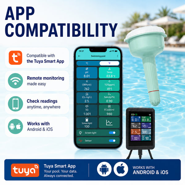 WQM-553 8-in-1 Wifi Tuya Smart Swimming Pool Water Monitor for pH / Temperature / TDS / Electrical Conductivity / Salinity / Chlorine / Specific Gravity / ORP for Pool, Spa, Tubs