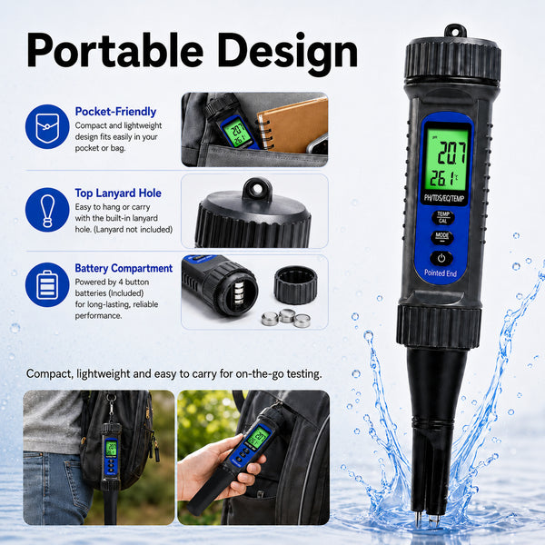 WQM-559 Digital 4-in-1 Food pH Tester, Pentype pH TDS EC Temperature Meter with Replaceable Probe, ATC, Backlit Display for Sourdough, Dough, Meat, Cheese, Jam, Water & Soil