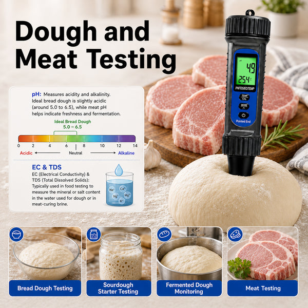 WQM-559 Digital 4-in-1 Food pH Tester, Pentype pH TDS EC Temperature Meter with Replaceable Probe, ATC, Backlit Display for Sourdough, Dough, Meat, Cheese, Jam, Water & Soil