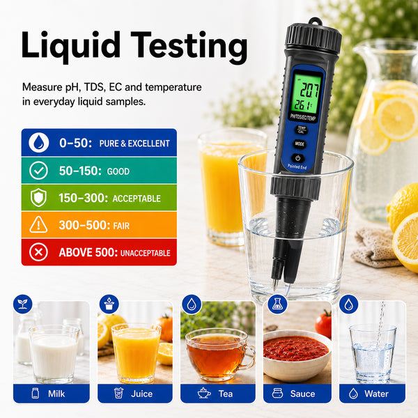 WQM-559 Digital 4-in-1 Food pH Tester, Pentype pH TDS EC Temperature Meter with Replaceable Probe, ATC, Backlit Display for Sourdough, Dough, Meat, Cheese, Jam, Water & Soil