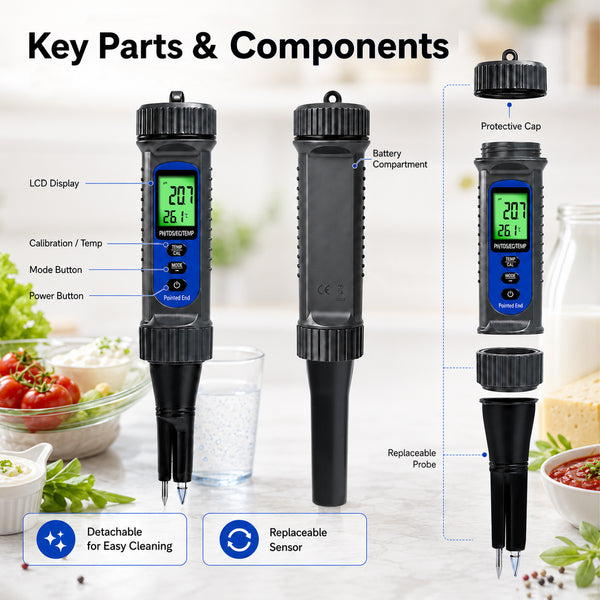 WQM-559 Digital 4-in-1 Food pH Tester, Pentype pH TDS EC Temperature Meter with Replaceable Probe, ATC, Backlit Display for Sourdough, Dough, Meat, Cheese, Jam, Water & Soil