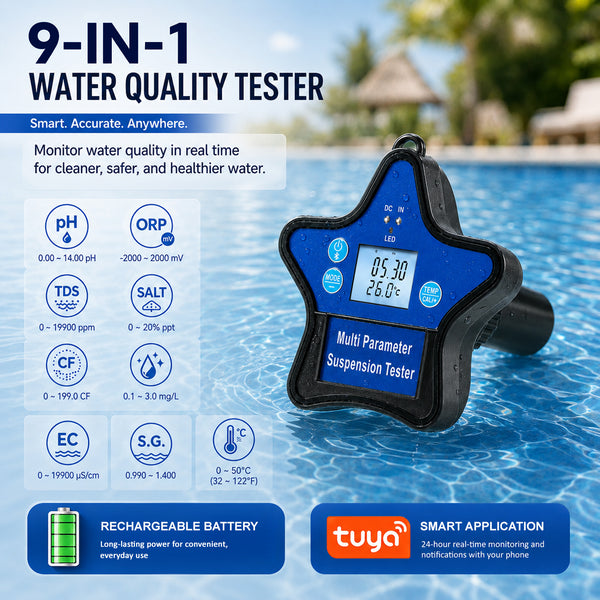 WQM-560 Floating Water Quality Tester 9-in-1 pH ORP Chlorine EC CF TDS Salt S.G. Temp, Smart Tuya App Compatible with iOS & Android, 24/7 Auto Water Monitoring for Aquariums, Pools, Hot Tubs, Spas & Hydroponics