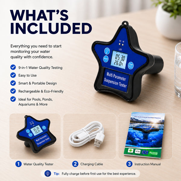 WQM-560 Floating Water Quality Tester 9-in-1 pH ORP Chlorine EC CF TDS Salt S.G. Temp, Smart Tuya App Compatible with iOS & Android, 24/7 Auto Water Monitoring for Aquariums, Pools, Hot Tubs, Spas & Hydroponics