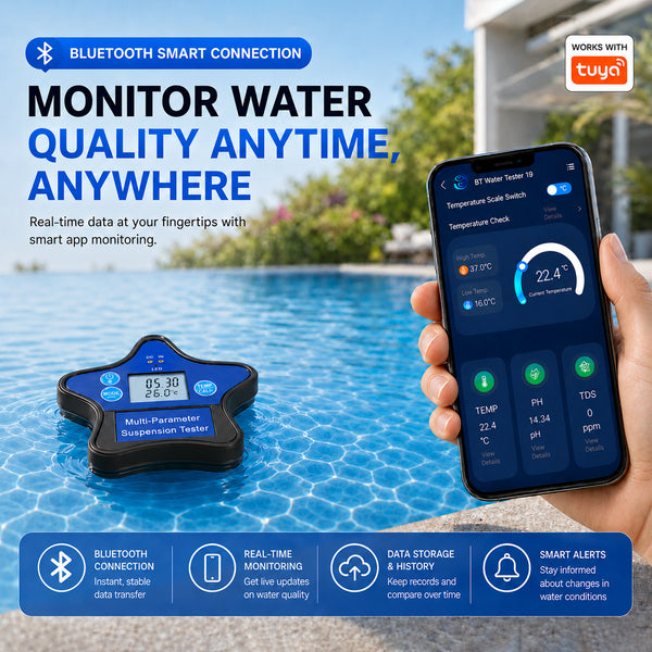 WQM-560 Floating Water Quality Tester 9-in-1 pH ORP Chlorine EC CF TDS Salt S.G. Temp, Smart Tuya App Compatible with iOS & Android, 24/7 Auto Water Monitoring for Aquariums, Pools, Hot Tubs, Spas & Hydroponics
