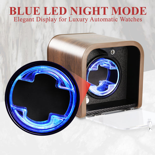 WWR-531 Automatic Watch Winder, Single Watch Winder with 4 Rotation Modes/ Blue LED Light/ Smart Stop Technology/ Foam Pad Quiet Motor Wooden Display Case for Automatic Watches