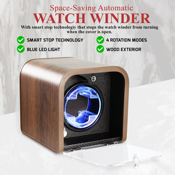 WWR-531 Automatic Watch Winder, Single Watch Winder with 4 Rotation Modes/ Blue LED Light/ Smart Stop Technology/ Foam Pad Quiet Motor Wooden Display Case for Automatic Watches