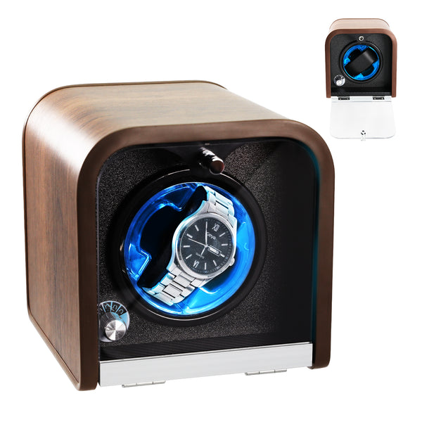 WWR-531 Automatic Watch Winder, Single Watch Winder with 4 Rotation Modes/ Blue LED Light/ Smart Stop Technology/ Foam Pad Quiet Motor Wooden Display Case for Automatic Watches