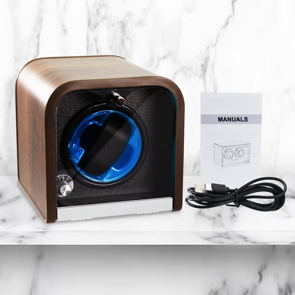 WWR-531 Automatic Watch Winder, Single Watch Winder with 4 Rotation Modes/ Blue LED Light/ Smart Stop Technology/ Foam Pad Quiet Motor Wooden Display Case for Automatic Watches
