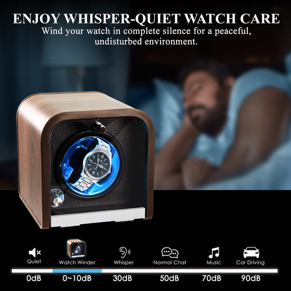 WWR-531 Automatic Watch Winder, Single Watch Winder with 4 Rotation Modes/ Blue LED Light/ Smart Stop Technology/ Foam Pad Quiet Motor Wooden Display Case for Automatic Watches