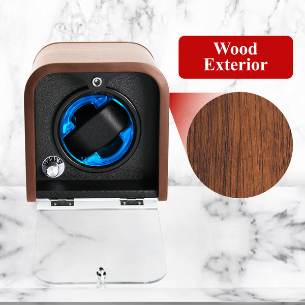 WWR-531 Automatic Watch Winder, Single Watch Winder with 4 Rotation Modes/ Blue LED Light/ Smart Stop Technology/ Foam Pad Quiet Motor Wooden Display Case for Automatic Watches