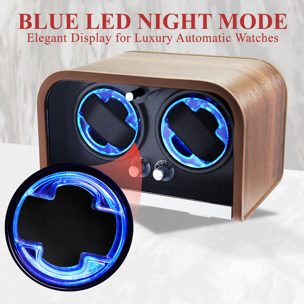 WWR-532 Automatic Watch Winder for Two Automatic Watches – 4 Rotation Modes Smart Stop Technology, Blue LED Display, Memory Foam & Wooden Display Case for Luxury Automatic Watches