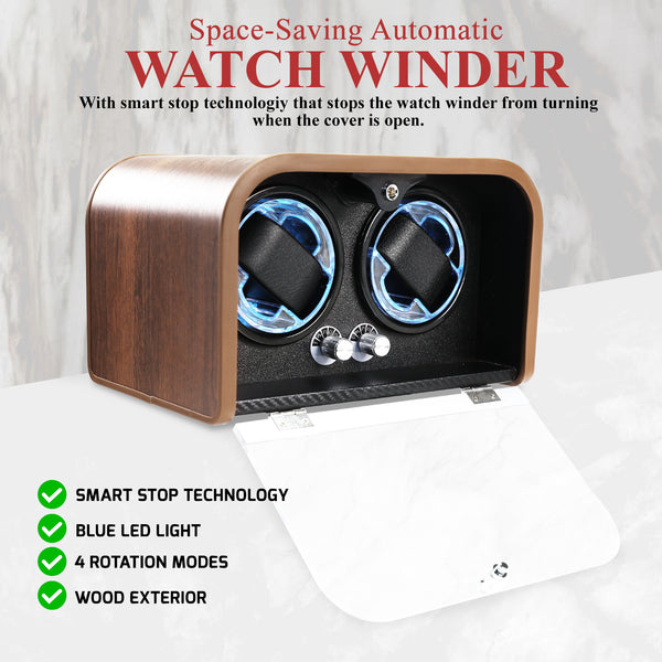 WWR-532 Automatic Watch Winder for Two Automatic Watches – 4 Rotation Modes Smart Stop Technology, Blue LED Display, Memory Foam & Wooden Display Case for Luxury Automatic Watches