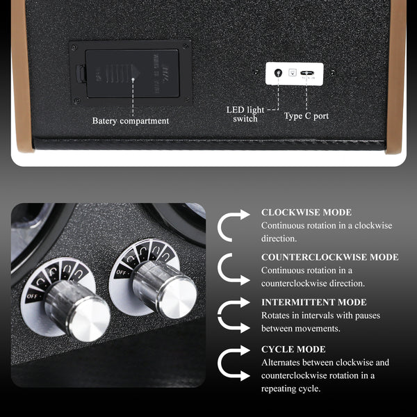 WWR-532 Automatic Watch Winder for Two Automatic Watches – 4 Rotation Modes Smart Stop Technology, Blue LED Display, Memory Foam & Wooden Display Case for Luxury Automatic Watches