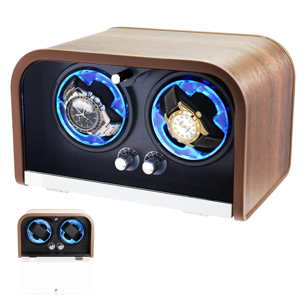 WWR-532 Automatic Watch Winder for Two Automatic Watches – 4 Rotation Modes Smart Stop Technology, Blue LED Display, Memory Foam & Wooden Display Case for Luxury Automatic Watches