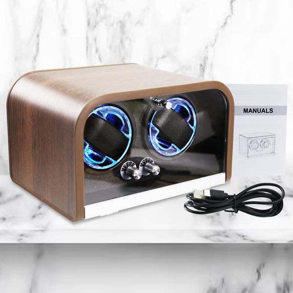 WWR-532 Automatic Watch Winder for Two Automatic Watches – 4 Rotation Modes Smart Stop Technology, Blue LED Display, Memory Foam & Wooden Display Case for Luxury Automatic Watches