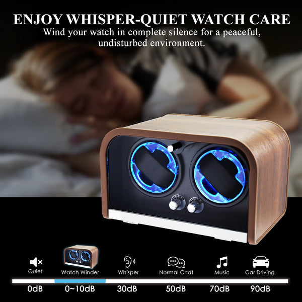 WWR-532 Automatic Watch Winder for Two Automatic Watches – 4 Rotation Modes Smart Stop Technology, Blue LED Display, Memory Foam & Wooden Display Case for Luxury Automatic Watches