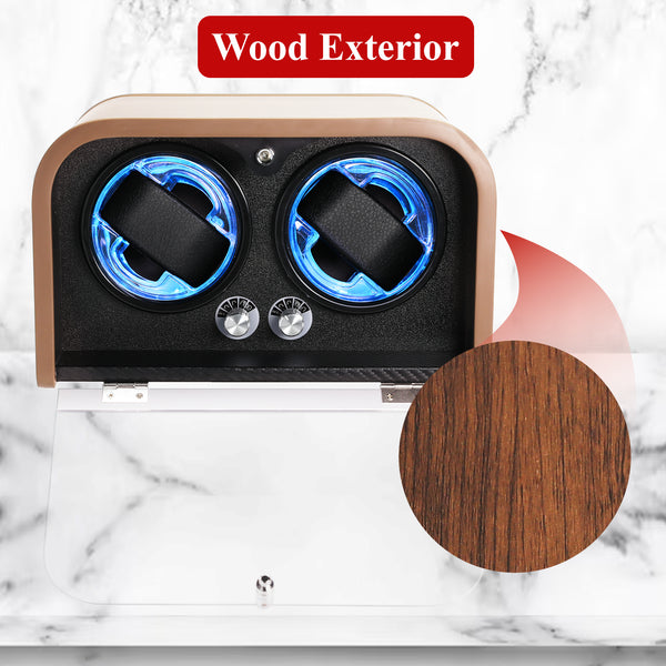 WWR-532 Automatic Watch Winder for Two Automatic Watches – 4 Rotation Modes Smart Stop Technology, Blue LED Display, Memory Foam & Wooden Display Case for Luxury Automatic Watches