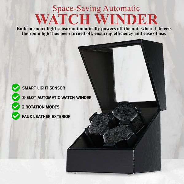 WWR-533 Automatic Watch Winder for 3 Watches, Whisper Quiet Motor with Smart Light Sensor, 2 Rotation Modes, Memory Foam Cushions, Automatic Rotating Watch Winder Faux Leather Exterior