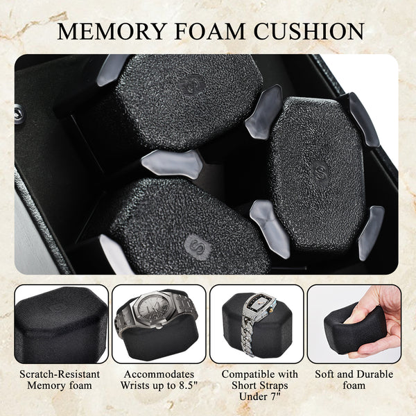 WWR-533 Automatic Watch Winder for 3 Watches, Whisper Quiet Motor with Smart Light Sensor, 2 Rotation Modes, Memory Foam Cushions, Automatic Rotating Watch Winder Faux Leather Exterior