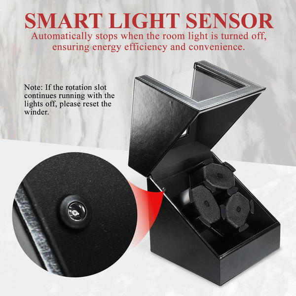 WWR-533 Automatic Watch Winder for 3 Watches, Whisper Quiet Motor with Smart Light Sensor, 2 Rotation Modes, Memory Foam Cushions, Automatic Rotating Watch Winder Faux Leather Exterior