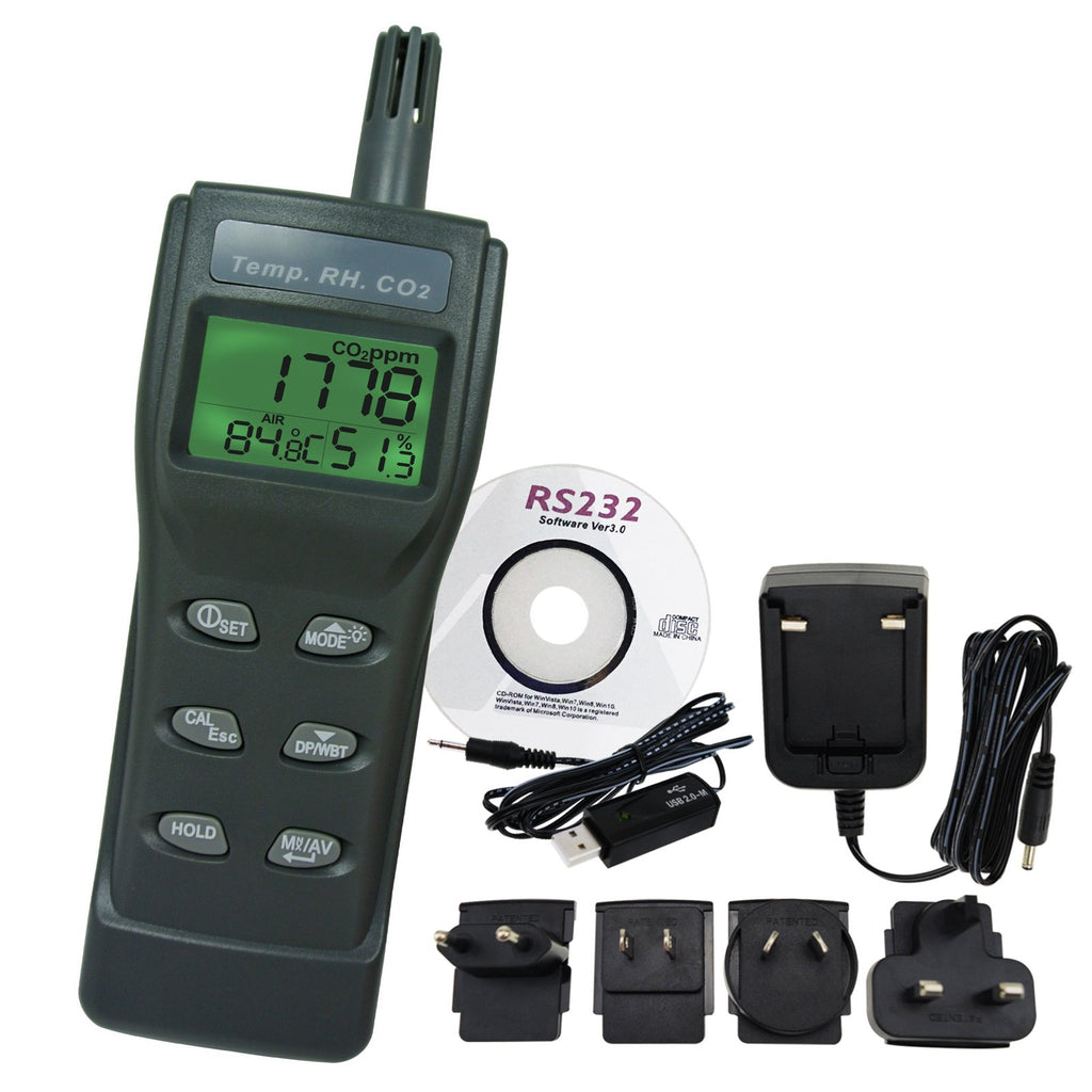 77535_CD_ADAPTOR CO2, RH & Temp Monitor w/PC Software Recording Analyzer, Indoor Air Quality Carbon Dioxide Meter