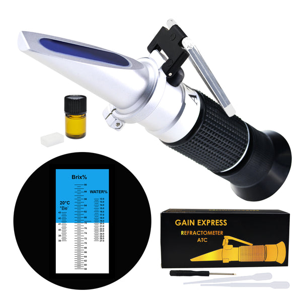 REB-90ATC  3-in-1 Honey Refractometer Brix/Moisture/Baume Tester ATC, Tri-Scale 58-90%/12-27%/38-43Be', Sugar Water Content Level Beekeeping Maple Syrup