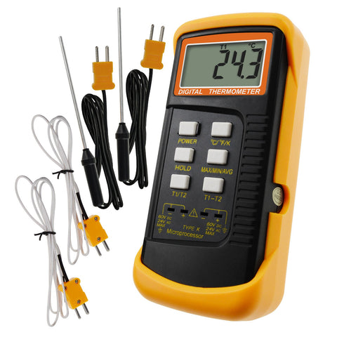 68022_2P Digital 2 Channels K-Type Thermometer w/ 4 Thermocouples (Wired & Stainless Steel), -50~1300°C (-58~2372°F)