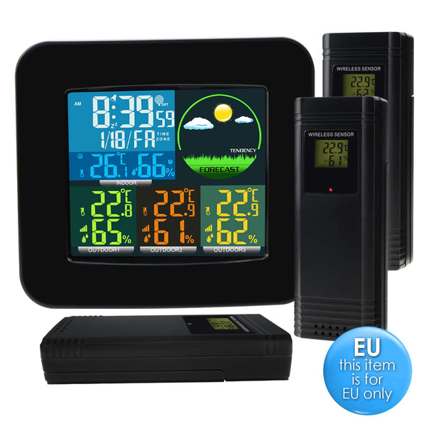 WEA-47_EU Digital Weather Station RCC DCF with 3 Indoor/ Outdoor Wireless Sensors, 6 kinds of Weather Forecast, Thermometer and Hygrometer