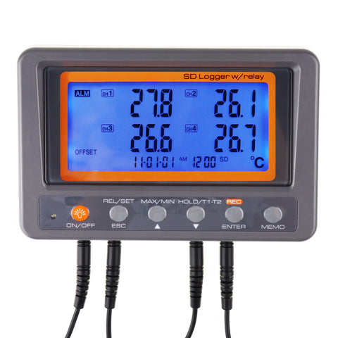 88597 Digital 4 Channels Thermometer NTC Thermistor Probe SD Card Logger with Relay Function Data Logging Big LCD Display