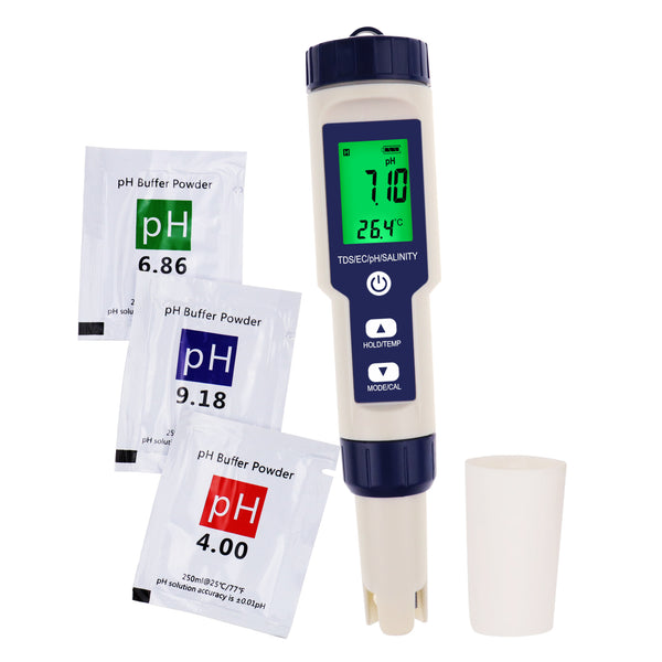 WQM-303 Pentype Multi-Paramater 5-in-1 Water Quality Tester (pH / TDS / EC / Temp / Salinity) Waterproof Digital Meter Research Household Industrial Laboratory Analysis